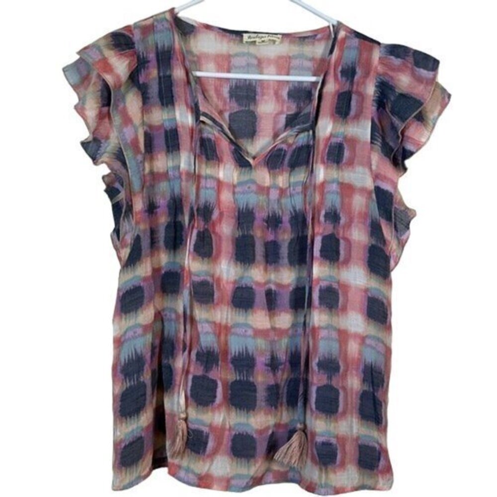 Women's Indigo Rose Blue Pink Ruffle Flutter Sleeve V-Neck Blouse Size Med EUC